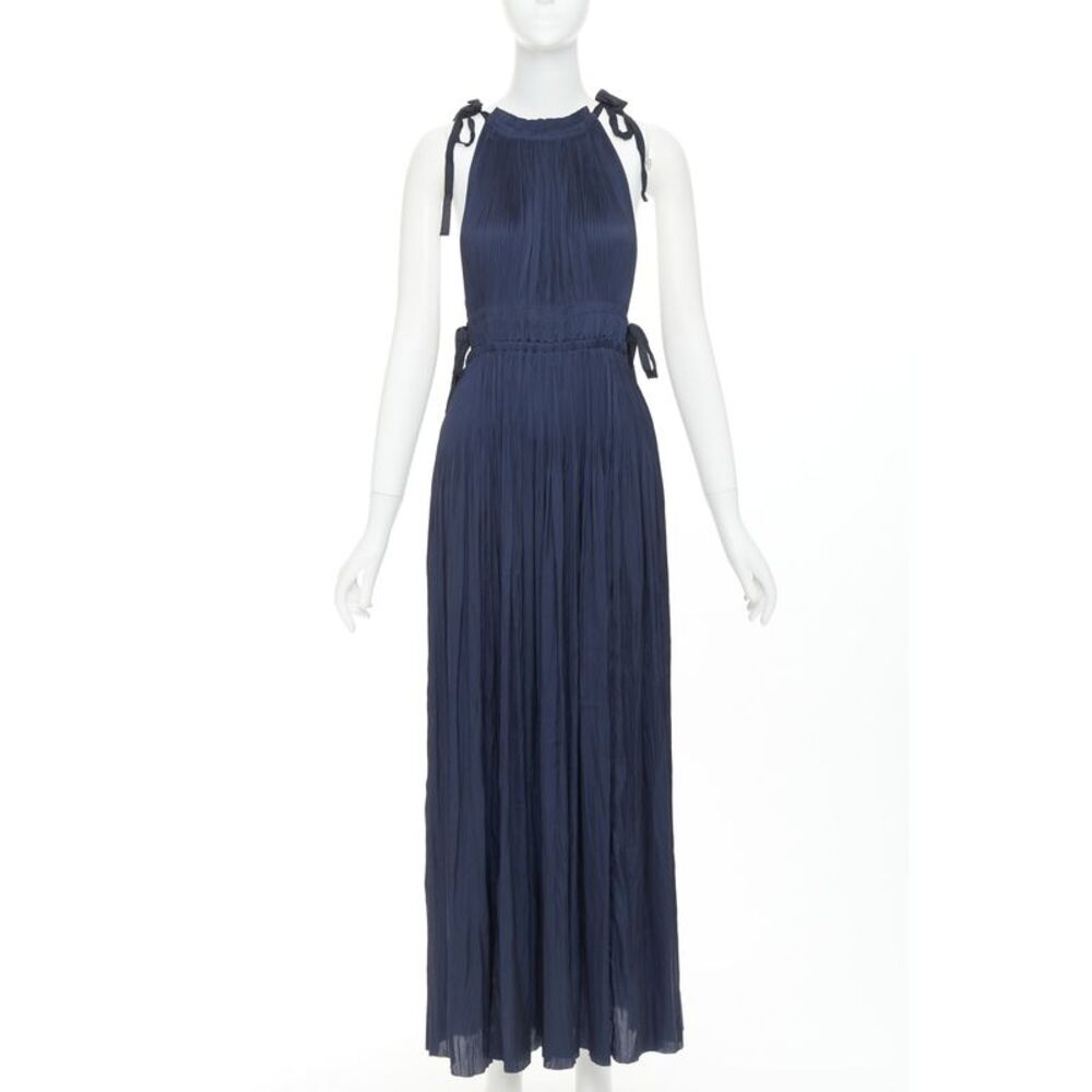ULLA JOHNSON midnight blue pleated halter neck drawstring tie midi dress US0 XS - Picture 3 of 9